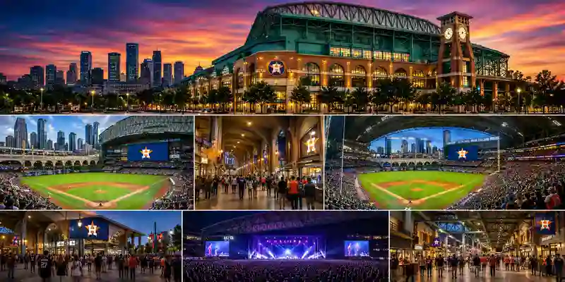 Daikin Park in downtown Houston featuring Houston Astros baseball games, modern stadium architecture, illuminated concourses, large crowds, concert events, retractable roof views, and skyline scenery during a vibrant evening atmosphere.